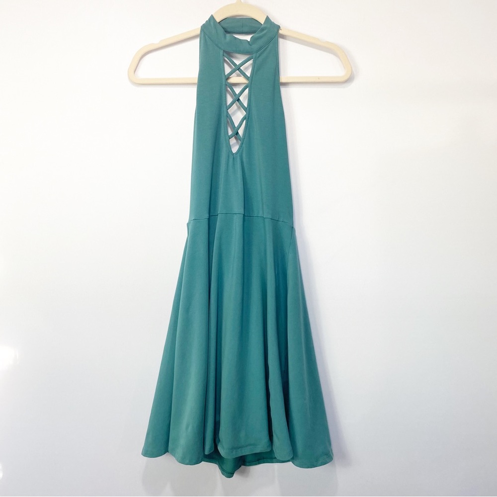 Express- Dark Teal Halter Skater Dress Open Back SM